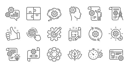 Engineering line icons. Puzzle, Dividers tool and Architect plan. Engineer linear icon set. Quality line set. Vector