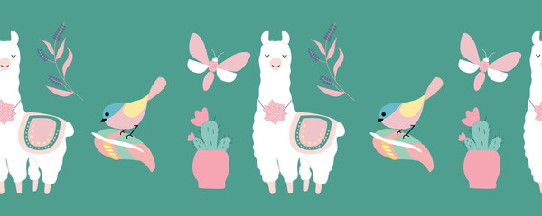 horizontal border with cute llama