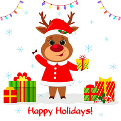 Merry Christmas and Happy New Year postcard 2020. A cute reindeer in a Santa costume holds a box with a gift on a background of snowflakes, a garland and a box with gifts. Cartoon style, Vector