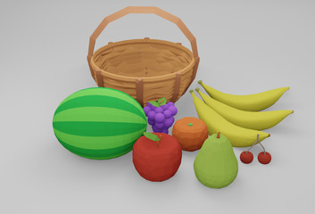 3d render fresh fruit set, cute low poly blank basket apple,orange,grape,watermelon,cherry,pare on blank background scene for healthy minimal idea creative concept. 