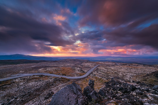 Whakapapa Ski Resort access road at sunset, Tongariro National Park, South Island, New Zealand
