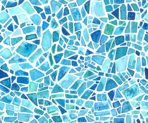 Foto auf Acrylglas Mosaik Nahtlose Mosaik-Textur. Vektor blauer Kaleidoskop-Hintergrund. Aquarell geometrisches Muster. Buntglas-Effekt.