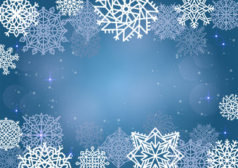 Elegant Christmas background with many snowflakes and place for text in the center. Blue Illustration.