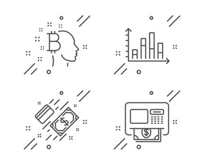 Diagram graph, Payment and Bitcoin think line icons set. Atm sign. Presentation chart, Money, Cryptocurrency head. Money withdraw. Finance set. Line diagram graph outline icon. Vector