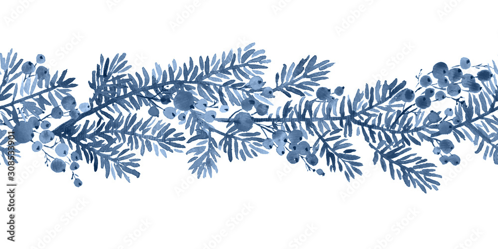 Wall mural christmas watercolor decoration. seamless horizontal pattern arangement of spruce and holy berries i