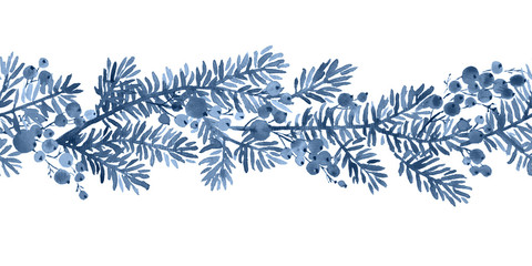 Christmas watercolor decoration. Seamless horizontal pattern arangement of spruce and holy berries in monochrome blue