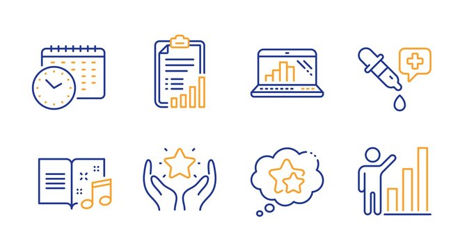 Checklist, Graph laptop and Ranking line icons set. Music book, Chemistry pipette and Calendar time signs. Ranking stars, Graph chart symbols. Mobile report, Hold star. Education set. Vector