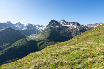 Alpine landscape in summer with rocky mountains, glaciers and green pastures under blue sky. Oetztal Alps, Tirol, Austria.