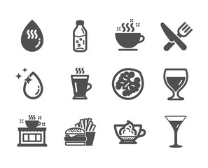 Set of Food and drink icons, such as Espresso cream, Food, Water drop, Coffee cup, Hot water, Wine glass, Burger, Latte, Walnut, Coffee shop, Martini glass classic icons. Espresso cream icon. Vector