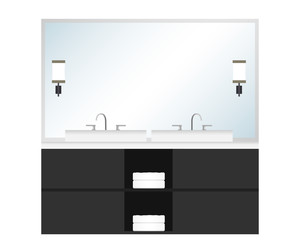 Bathroom with a large mirror and lamps. Bathroom furniture with two sinks. Vector illustration.