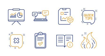 Report checklist, Technical info and Reject line icons set. Quick tips, Presentation and Internet chat signs. Checklist, Fire energy symbols. Sales growth file, Documentation. Technology set. Vector