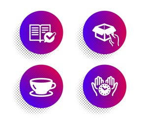 Hold box, Approved documentation and Espresso icons simple set. Halftone dots button. Safe time sign. Delivery parcel, Instruction book, Coffee cup. Hold clock. Business set. Vector