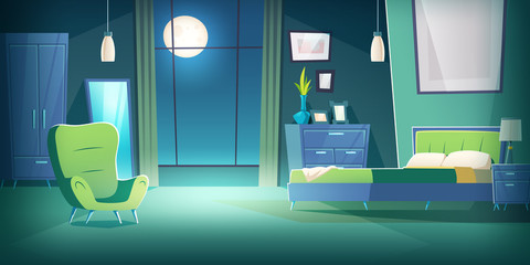 Bedroom interior at night cartoon vector illustration. Comfortable living room interior in moonlight with double bed, wardrobe and mirror, cozy house inside, apartment with furniture background