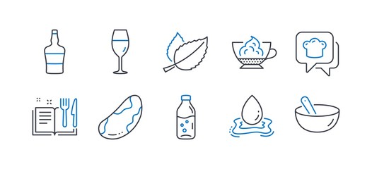 Set of Food and drink icons, such as Scotch bottle, Espresso cream, Cooking hat, Water splash, Water bottle, Brazil nut, Recipe book, Mint leaves, Wineglass, Cooking mix line icons. Vector