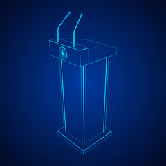 Speaker Podium. White Tribune Rostrum Stand with Microphones. Debate, press conference concept. Wireframe low poly mesh vector illustration
