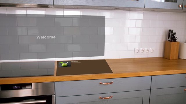 technology, future and smart home concept - modern kitchen with virtual interactive displays