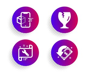 Spanner, Augmented reality and Fragile package icons simple set. Halftone dots button. Cashback sign. Repair service, Phone simulation, Safe shipping. Receive money. Business set. Vector