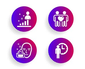 Fototapeta premium Friends couple, Stats and Face cream icons simple set. Halftone dots button. Waiting sign. Friendship, Business analysis, Gel. Service time. People set. Classic flat friends couple icon. Vector