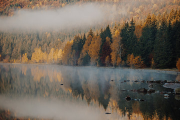 Autumn landscape wallpaper with lake reflection on the lake