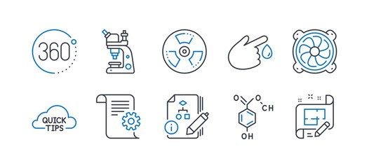 Set of Science icons, such as 360 degrees, Chemical hazard, Microscope, Chemical formula, Algorithm, Computer fan, Blood donation, Technical documentation, Quick tips, Architect plan. Vector