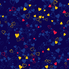 Romantic seamless pattern with cute images of hearts on a blue background. The style of children's drawing.