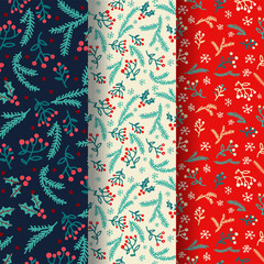 Winter seamless pattern set with decorative winter elements. design. Background with hand drawn doodles. Holiday decoration - spine, fir, berry, snowflakes