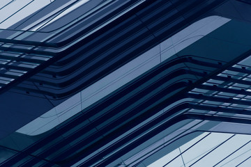 Obraz premium Illustration resembling bridge structure. Modern industrial architecture with blue geometric structure of parallel lines in diagonal composition and checkered elements. Abstract technology background.