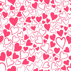 Romantic seamless pattern with cute images of hearts on a white background. The style of children's drawing.