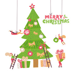 Small male and female people character decorated big Christmas tree. modern flat illustration in scandinavian style.