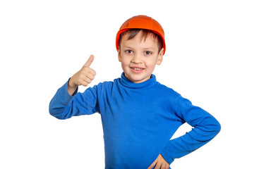 Boy with thumbs up in the protective work hat.