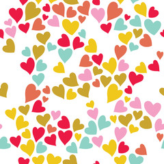 Romantic seamless pattern with cute images of hearts on a white background. The style of children's drawing.