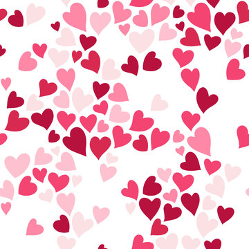 Romantic seamless pattern with cute images of hearts on a white background. The style of children's drawing.