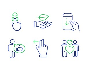 Swipe up, Scroll down and Leaf line icons set. Like, Touchscreen gesture and Love couple signs. Touch technology, Swipe phone, Plant care. Thumbs up. People set. Line swipe up outline icons. Vector