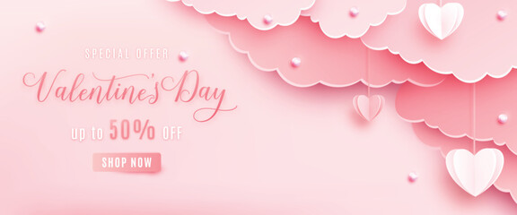 Happy valentines day greeting background in papercut realistic style. Paper clouds, heart on string, pearls. Pink banner party invitation template. Calligraphy words text sign on copy space