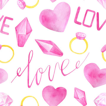 Watercolor romantic seamless pattern for Saint Valentine's Day. Hand drawn pink hearts, love, diamonds, rings, calligraphy lettering. Elements isolated on white for greeting cards, wrapping, printing.