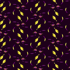 Seamless background with tender petals and leaves of flowers in gold colors on dark purple backdrop. Vector drawing can be used for festive packaging, posters, fabrics for Valentine's day, birthday,