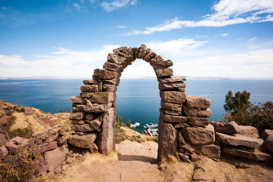 Stone archways on Amantani island, Lake Titicaca, Peru.