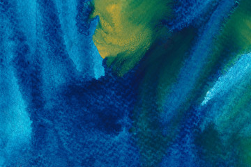 Blue and yellow splash watercolor texture background. Hand drawn azure touches, green blobs, daubs gradient artwork.