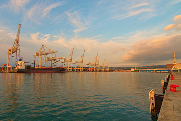 Obraz premium Wide angle landscape view of international cargo harbor of Koper. Empty container ship wait for loading by containers. Import, export and business logistic. International water transport. Slovenia
