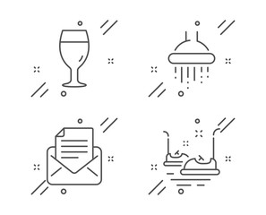 Mail correspondence, Beer glass and Shower line icons set. Bumper cars sign. E-mail newsletter, Brewery beverage, Bathroom. Carousels. Business set. Line mail correspondence outline icon. Vector