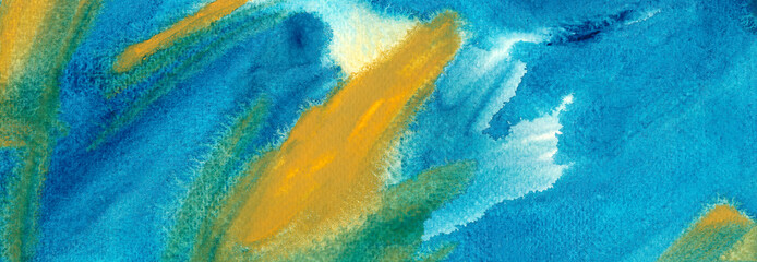 Turquoise and yellow watercolor wallpaper. Blue watercolor banner background. Hand drawn brush strokes ink illustration.