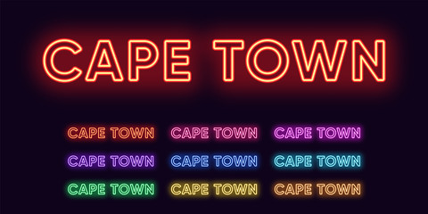 Neon Cape Town name, City in South Africa. Neon text of Cape Town city. Vector set of glowing Headlines