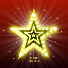  Golden vintage star with lightbulbs and bright light on a red background. Retro star.