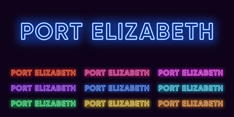 Fototapeta premium Neonowa nazwa Port Elizabeth, miasto w RPA. Neonowy tekst miasta Port Elizabeth. Wektor zestaw świecące nagłówki