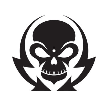 Skull and lightning arrows - concept logo sign design. Monster skull emblem. heavy metal music sound badge symbol. 