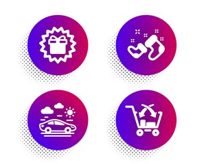Santa boots, Surprise gift and Car travel icons simple set. Halftone dots button. Cross sell sign. New year, Shopping offer, Transport. Market retail. Holidays set. Vector