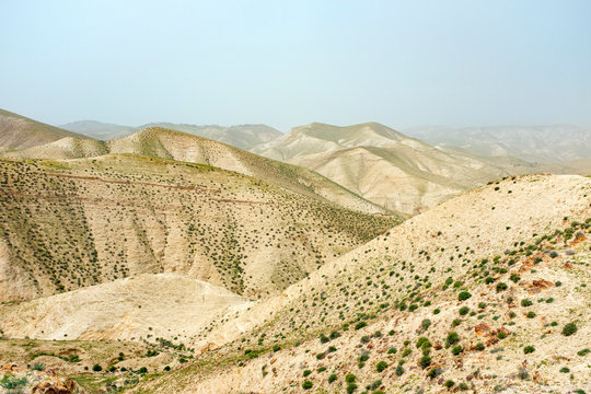 Judean Desert landscape during sandstorm, Wadi Quelt, Jericho, West Bank, Palestine