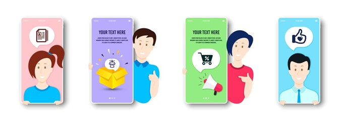 Special offer, Dry t-shirt and Cv documents icons simple set. People on phone screen. Like hand sign. Discounts, Laundry shirt, Portfolio files. Thumbs up. Business set. Vector