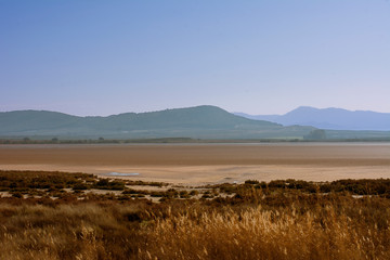 Autumn landscape at the stone lagoon fountain in Malaga