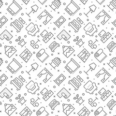 Home interior and decor related seamless pattern with outline icons